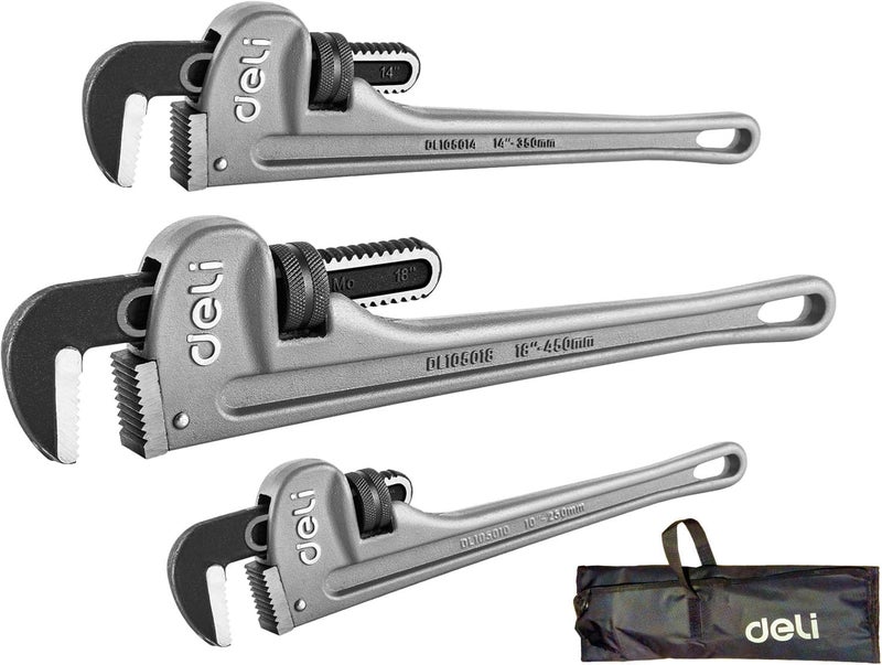 Deli 3-Piece Heavy Duty Aluminum Pipe Wrench Set, 10" 14" 18" Adjustable Pipe Wrench Set with Tool Bag, Professional Plumbing wrench Set, for Pipe, Home, Vehicle repair - Image 1